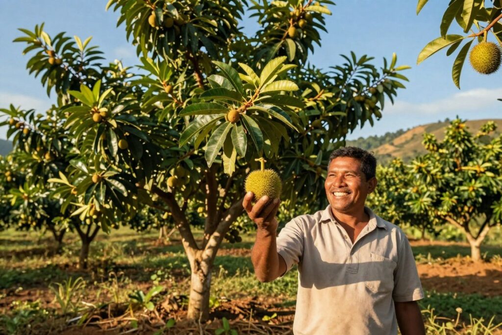 A vibrant agricultural scene showcasing the benefits of thornless pequi for rural farmers. In the foreground, a smiling farmer in modest casual clothing holds a ripe pequi fruit, displaying its smooth, thornless surface, conveying pride and satisfaction. In the middle, a lush pequi grove with abundant trees full of healthy, green foliage and clusters of ripe fruits creates an inviting atmosphere of productivity. In the background, rolling hills under a bright blue sky emphasize the beauty of the rural landscape. The lighting is warm and golden, suggesting a sunny afternoon, adding to the sense of optimism. The camera angle is slightly lower, capturing the beauty of the grove and the enthusiasm of the farmer, embodying a spirit of agricultural innovation and success.
