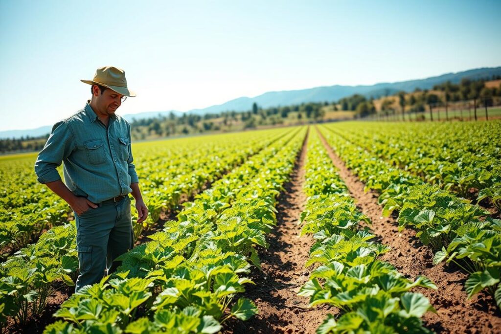 A vibrant and detailed agricultural scene showcasing advanced sweet potato cultivation techniques. In the foreground, a professional farmer in modest casual clothing inspects healthy sweet potato plants growing in neat rows, focusing on disease-resistant varieties. The middle ground features innovative irrigation systems and pest control technology, highlighting a sustainable farming approach. The background reveals a sunny field under a clear blue sky, with far-off mountains adding depth. Utilize bright, natural lighting to emphasize the rich greens of the foliage and the earthy brown of the soil. A slightly elevated angle captures the organized layout of the farm, instilling a sense of professionalism and optimism about agricultural innovations.