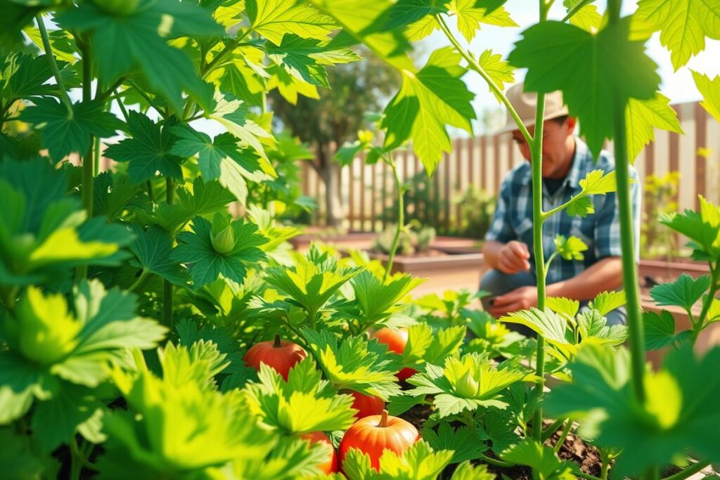 A vibrant and detailed illustration showcasing compact watermelon varieties ideal for small spaces. In the foreground, lush, leafy green plants with small, ripe watermelons nestled among them. In the middle ground, include a gardener carefully inspecting the plants, dressed in casual but neat clothing, portraying a sense of dedication and care. The background features a sunny backyard setting with garden beds, hints of a fence, and clear blue skies, enhancing the warm, inviting atmosphere. Soft, dappled sunlight filters through the leaves, creating an engaging interplay of light and shadows, emphasizing the health and vitality of the plants. The perspective should be slightly elevated, capturing both the plants and the gardener harmoniously in a scene that embodies sustainable gardening and the joy of growing compact watermelon varieties.