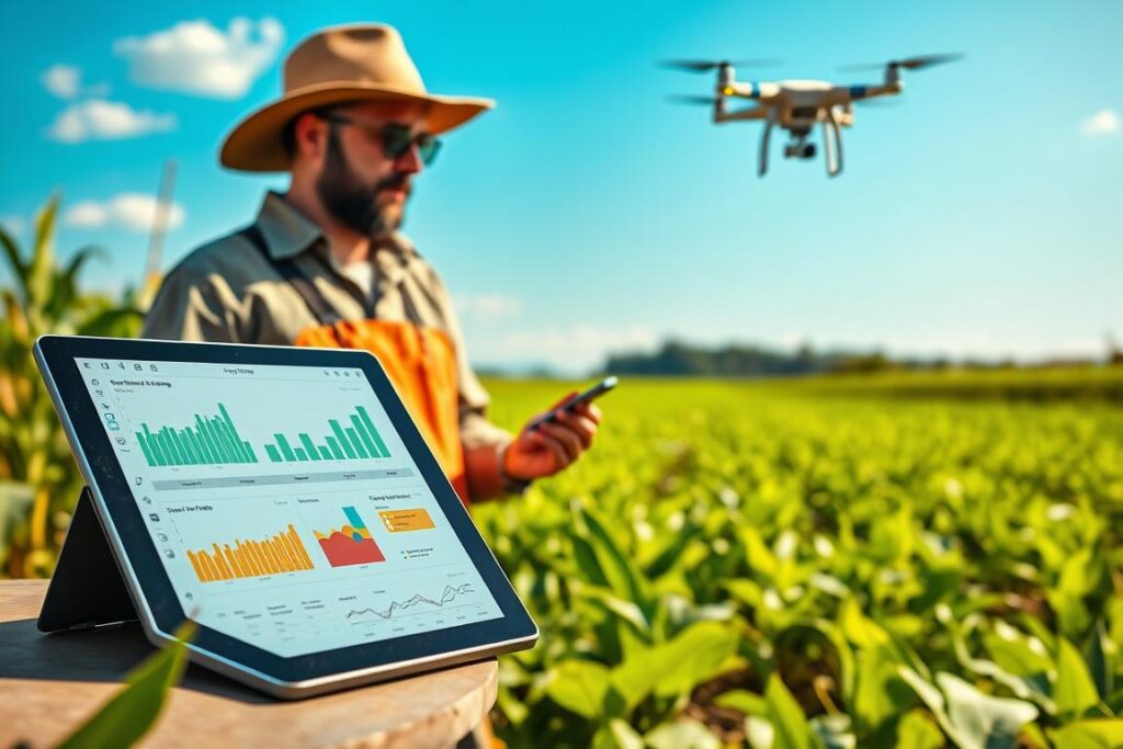 A vibrant and detailed image of advanced AI tools for agriculture in a Brazilian farm setting. In the foreground, display a smart tablet and a laptop with data analysis software open, showing graphs and charts related to crop pricing and cost scenarios. In the middle ground, a farmer in professional attire is interacting with a digital farm management system, analyzing data. The background features lush green fields and crops under a bright blue sky, with drones flying overhead monitoring the fields. The lighting is warm and natural, suggesting a sunny day, highlighting the harmonious integration of technology and agriculture. Capture a mood of innovation and productivity, emphasizing the blend of modern technology with traditional farming practices.