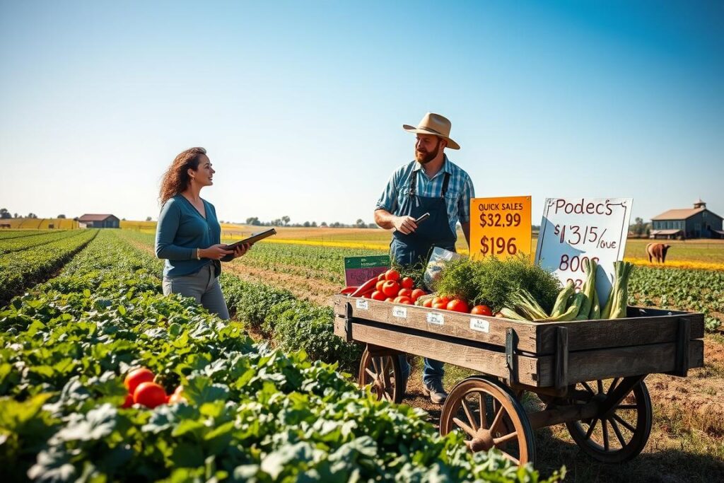 A vibrant and engaging scene depicting diverse marketing strategies for small-scale agriculture. In the foreground, a professional woman in modest casual clothing is discussing crop selection with a farmer in a sunlit field filled with high-value vegetables and herbs. In the middle ground, display a rustic wooden cart lined with fresh produce, alongside colorful signage showcasing prices and advertisements for quick sales. The background features a serene farm landscape under a clear blue sky, with distant barns and livestock. The overall atmosphere is optimistic and collaborative, highlighting innovative selling techniques. Natural lighting emphasizes the freshness of the produce, and a slightly elevated angle provides a comprehensive view of the setting, capturing the essence of profitable marketing strategies.