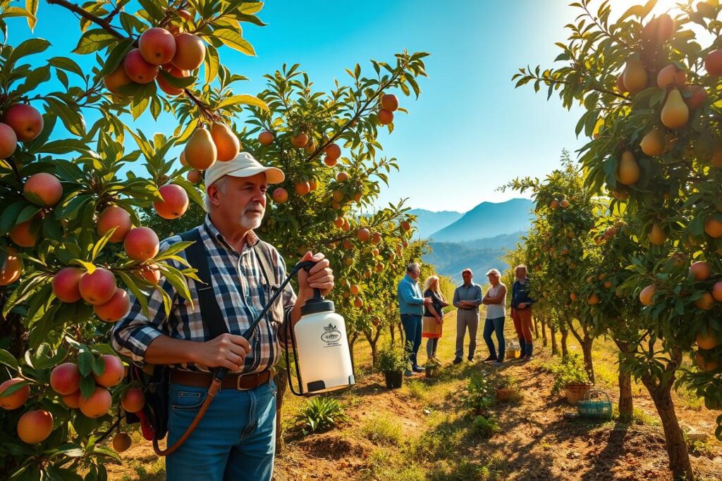 A vibrant and lush fruit orchard scene, showcasing a variety of fruit trees such as apple, orange, and pear, each laden with ripe fruits. In the foreground, a knowledgeable farmer in professional attire inspects the trees, holding a sprayer filled with mineral oil and neutral soap for pest control, demonstrating integrated pest management techniques. In the middle ground, other farmers collaborate, discussing strategies, surrounded by tools and plants. The background features mountains against a bright blue sky, with warm sunlight filtering through the leaves, creating dappled patterns on the ground. The mood conveys a sense of teamwork and dedication to sustainable agriculture, emphasizing thoughtful planning and integrated management practices in fruit cultivation.