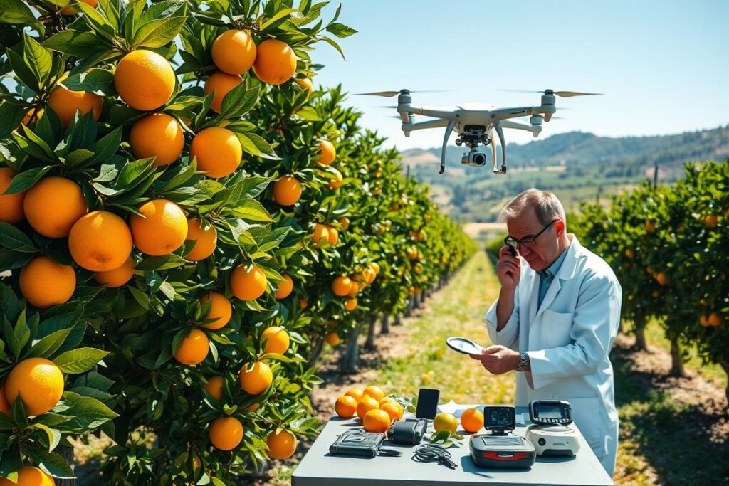 A vibrant citrus orchard under bright daylight, showcasing healthy, green orange trees with ripe oranges hanging from the branches. In the foreground, a scientist in professional attire is examining a citrus leaf with a magnifying glass, observing signs of rust disease. Beside them, advanced technological tools like handheld sensors and plant disease detection devices are scattered on a table. In the middle ground, a drone equipped with a spraying mechanism is flying over the orchard, delivering innovative treatments. The background features rolling hills and clear blue skies, creating an atmosphere of innovation and sustainability. The lighting is bright and clear, emphasizing details in the foliage and equipment, while casting soft shadows on the ground, highlighting the lushness of the healthy trees.
