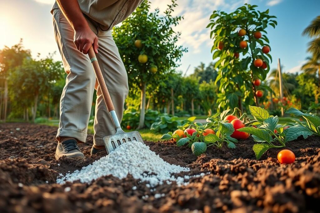 A vibrant community garden scene depicting the manual application of limestone to enhance soil quality. In the foreground, a dedicated gardener, dressed in modest casual clothing, is gently spreading calcário (limestone) using a hand-held tool, demonstrating a focused technique. The middle ground showcases a diverse array of vegetables and fruit trees, lush and healthy, indicating a productive garden. The background features a clear blue sky with soft, warm sunlight illuminating the scene, creating a welcoming atmosphere. The composition is framed with a slightly angled perspective, capturing the gardener's interaction with the soil and plants, while emphasizing the vibrant colors of the flora and the rich texture of the earth, instilling a sense of dedication and care in sustainable agriculture.