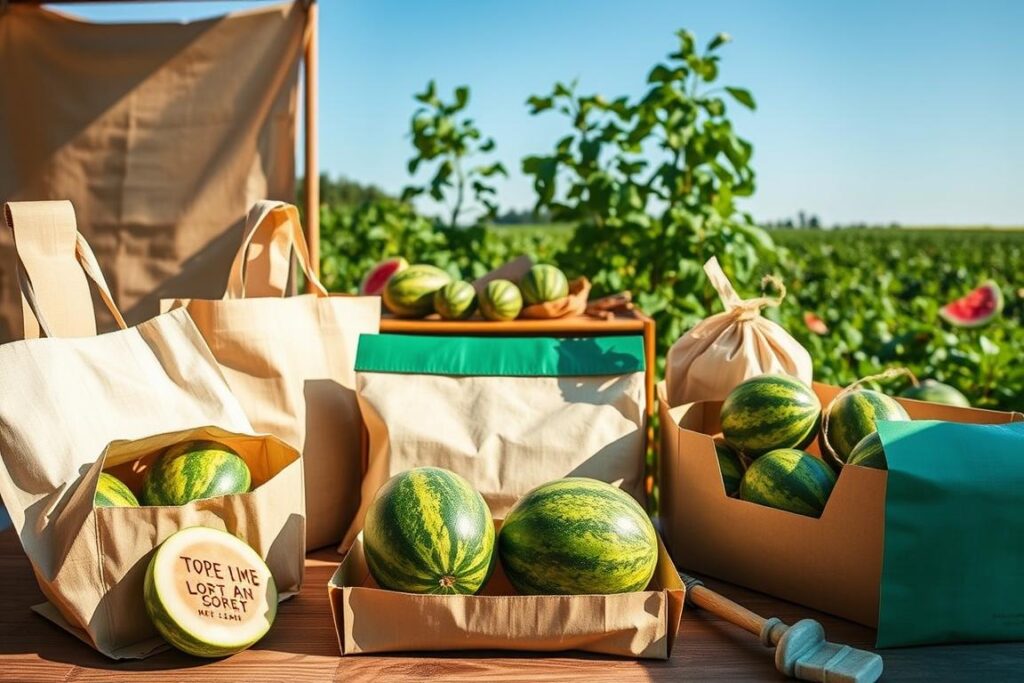 A vibrant, eco-friendly packaging scene for watermelons, showcasing various innovative sustainable designs. In the foreground, display biodegradable bags and boxes made from natural materials, artfully arranged with fresh watermelons inside. The middle layer features a rustic wooden table and some tools used for the harvest, suggesting a hands-on, farm-to-market approach. In the background, a sunny field with ripe watermelon plants under a clear blue sky enhances the natural atmosphere. Soft lighting casts gentle shadows, creating a warm, inviting mood. Use a wide-angle lens perspective to emphasize the layout and depth of the composition, focusing on the earthy colors and textures of the packaging materials to highlight their sustainability.