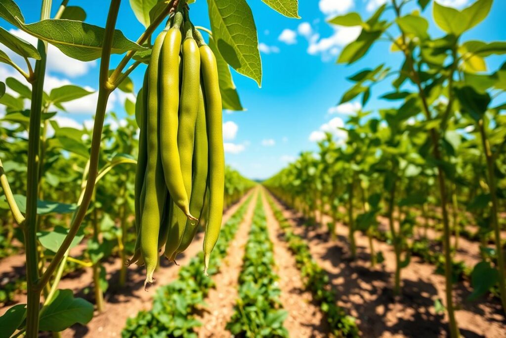 A vibrant field of resilient bean cultivars, showcasing healthy plants with bright green leaves and ripe, visually appealing beans. In the foreground, focus on a cluster of glossy beans hanging from sturdy stems, highlighting their robust quality. The middle ground features rows of lush bean plants, meticulously arranged in an organized field. In the background, a clear blue sky with soft clouds casts gentle sunlight over the scene, enhancing the vivid colors of the beans and foliage. Capture the image with a low-angle shot to emphasize the plants' height and strength. Create a warm, uplifting atmosphere, symbolizing the success of preventive strategies against target spot disease. The overall mood should evoke optimism and productivity in agriculture.