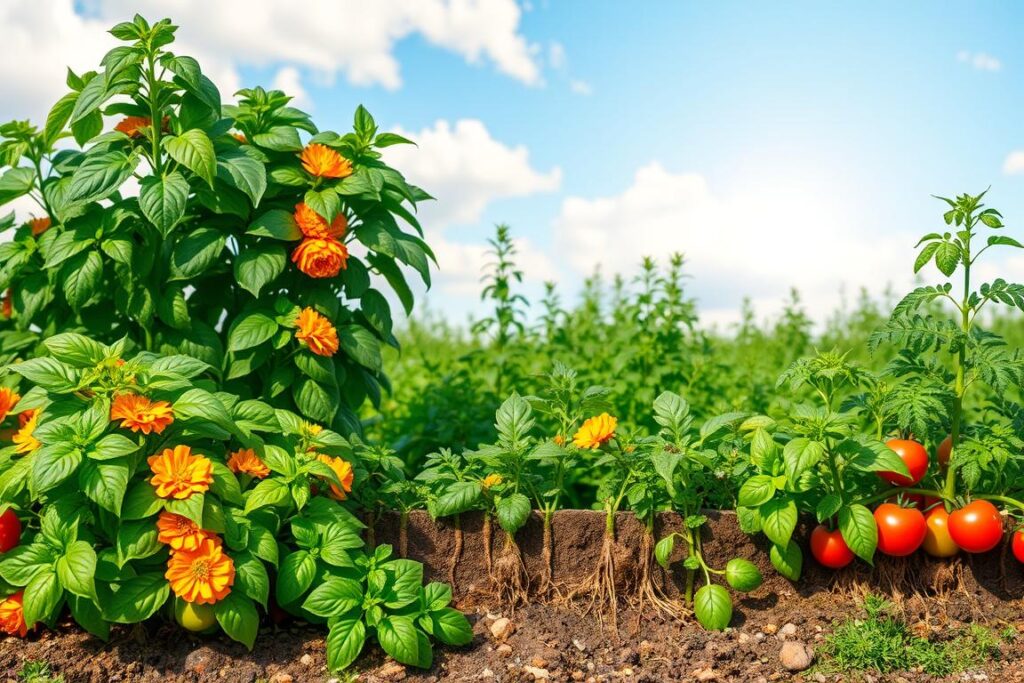 A vibrant garden scene illustrating the allelopathic effects of repellent plants on vegetable growth. In the foreground, clusters of aromatic plants like basil and marigold, exhibiting lush green foliage, surround flourishing vegetables such as tomatoes and peppers. The middle ground features a small vegetable bed, showcasing healthy, thriving crops, with roots interacting harmoniously with the surrounding plants. The background displays a sunny, blue sky with soft clouds, creating a warm, inviting atmosphere. Use soft, natural lighting to highlight the textures of the plants, captured from a slightly elevated angle to provide depth. Emphasize a harmonious and productive garden environment, emphasizing the symbiotic relationship between the repellent plants and the vegetables they protect. No text or overlays present.