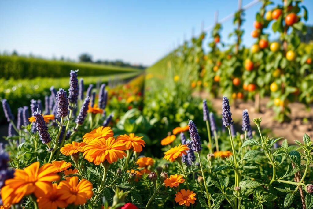 A vibrant garden scene showcasing a well-maintained vegetable border with various natural pest-repellent plants, such as marigolds, lavender, and basil, densely planted along the edges of a rich, green vegetable patch. In the foreground, focus on the colorful flowers and herbs with dew glistening under soft morning light, emphasized by a shallow depth of field. The middle ground features sturdy vegetable plants like tomatoes and peppers, thriving healthily. In the background, a clear blue sky and rows of lush greenery create an inviting atmosphere. The overall mood is serene and productive, ideal for illustrating the concept of using plants for natural pest control in a garden setting.