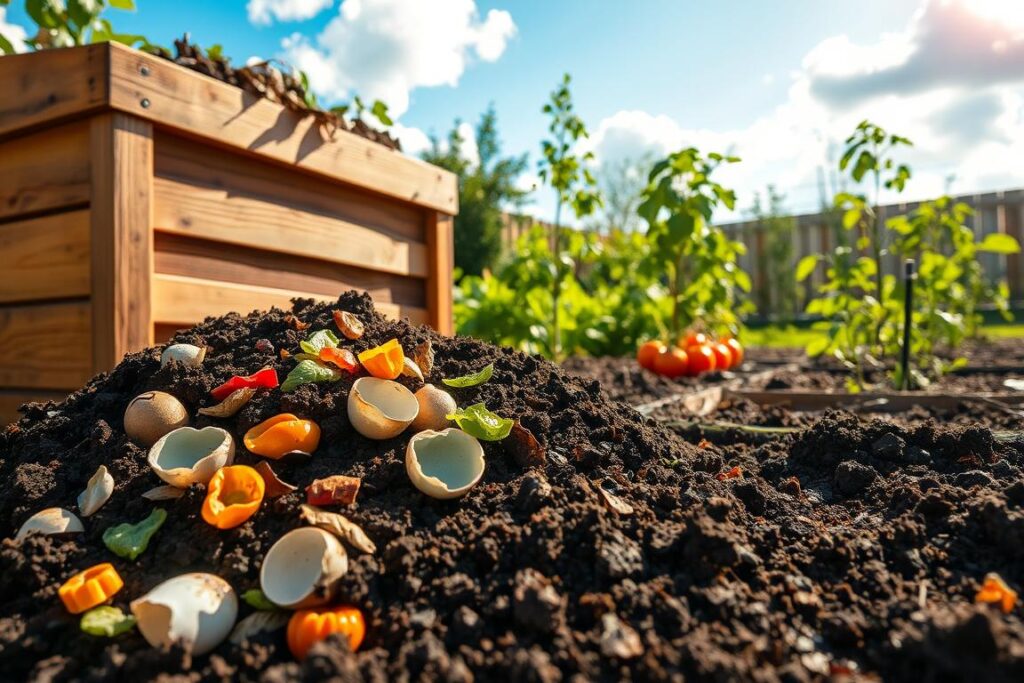 A vibrant home composting setup in a sunny backyard garden, showcasing a wooden compost bin overflowing with rich, dark, crumbly compost. In the foreground, colorful vegetable scraps, eggshells, and dried leaves create a dynamic composition, revealing the variety of organic materials being transformed. The middle ground features flourishing plants, such as tomatoes and lettuce, thriving in nutrient-rich soil, with visible root systems emerging from the garden beds. The background includes a clear blue sky with soft, fluffy clouds, enhancing the warm and inviting atmosphere. Natural sunlight casts gentle shadows, highlighting the textures of the compost and soil. The scene evokes a sense of harmony between nature and sustainability, inspiring viewers to embrace organic gardening practices.