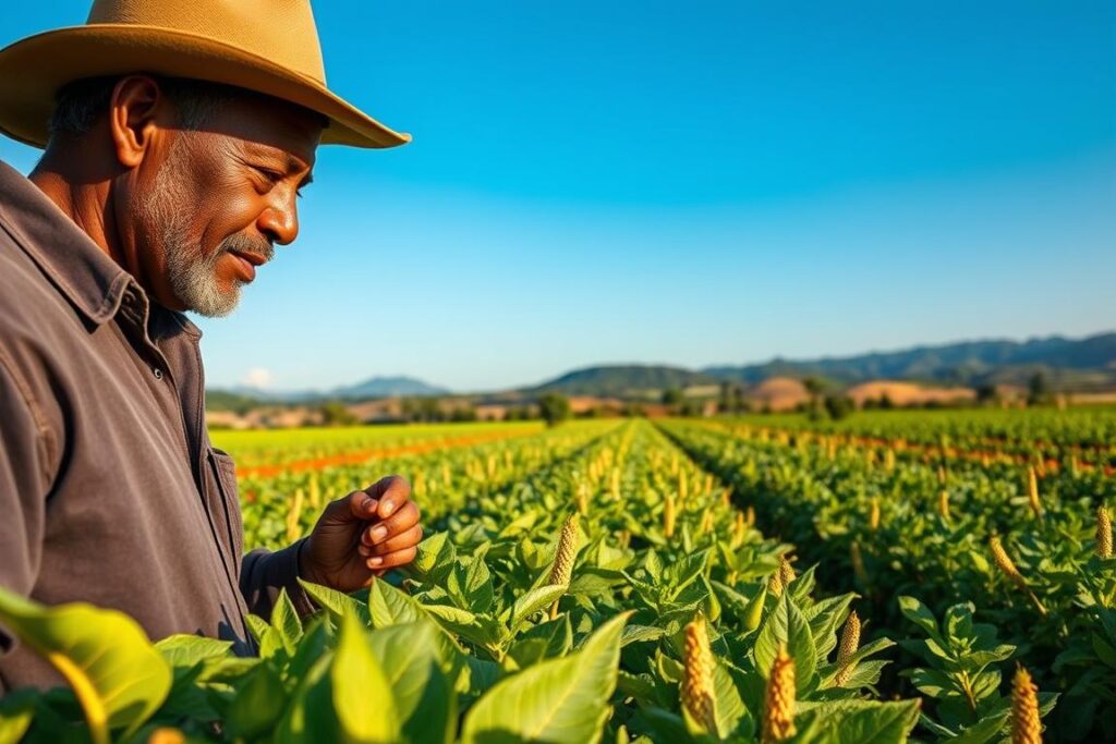 A vibrant landscape showcasing resilient crops thriving in a Brazilian agricultural field, emphasizing varieties like drought-resistant beans, cassava, and millet. In the foreground, an experienced farmer, dressed in professional yet modest attire, examining the lush green plants with a thoughtful expression. The middle ground features rows of diverse crops, showcasing their vibrant colors and textures, with a clear blue sky above. The background includes distant hills, representing the natural beauty of Brazil. The lighting is warm and golden, indicative of late afternoon, creating a hopeful atmosphere. Use a slightly elevated angle to capture the expanse of the field, highlighting the harmony between agriculture and sustainable practices.
