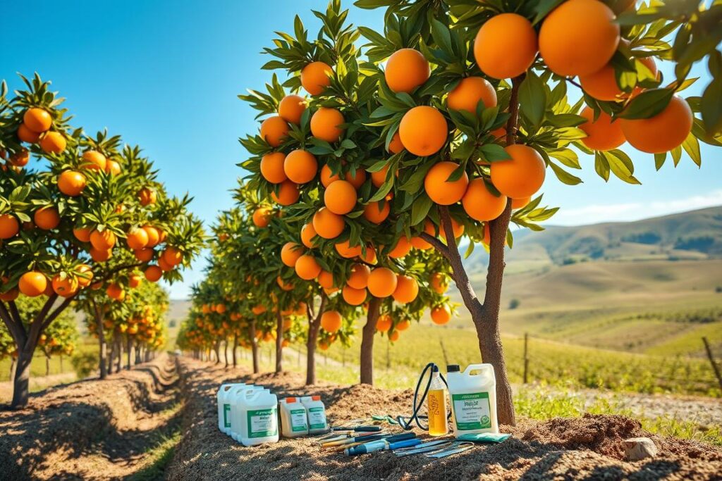 A vibrant orange grove under clear blue skies, showcasing healthy orange trees laden with ripe fruit and a few leaves displaying signs of rust disease. In the foreground, a knowledgeable farmer in modest casual clothing is carefully inspecting leaves with a magnifying glass, embodying the hands-on approach of effective rust management. In the middle ground, various organic treatment supplies and tools are arranged neatly on the ground, indicating simple yet effective management techniques. The background features gently rolling hills with a lush green landscape. Soft, warm sunlight filters through the branches, creating a bright, uplifting atmosphere that conveys success in increasing harvest yields by 25%. Focused, clear detail with natural colors enhances the scene's positivity and agricultural expertise.