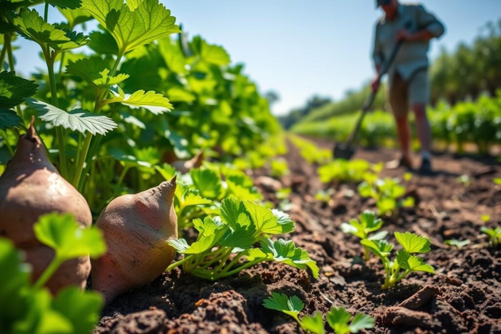 A vibrant organic sweet potato farm in full bloom, showcasing lush green foliage and healthy root vegetables emerging from rich, dark soil. In the foreground, glistening sweet potatoes are partially exposed, highlighting their smooth, purple skin. The middle ground features a farmer in modest casual clothing, meticulously tending to the plants with a hoe, embodying sustainable farming practices. The background features rows of thriving sweet potato plants under a bright blue sky, with soft sunlight illuminating the scene, creating a warm and inviting atmosphere. The composition should evoke a sense of diligence and dedication to organic farming techniques, with clear detail and depth of field emphasizing the textures of the soil and plants.