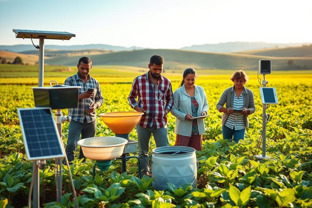 A vibrant rural landscape showcasing accessible technologies for enhancing agricultural productivity. In the foreground, a diverse group of farmers, dressed in modest casual clothing, are engaged with various modern tools such as a solar-powered irrigation system, an organic fertilizer spreader, and a digital weather station. The middle ground features lush, green fields with thriving crops, emphasizing sustainable agriculture practices. In the background, gentle hills under a clear blue sky, with soft, warm sunlight illuminating the scene, creating an inviting atmosphere. Capture a sense of collaboration and innovation, highlighting the idea of accessible technology empowering rural entrepreneurs, shot with a slight angle to convey depth and engagement in the farming activities.