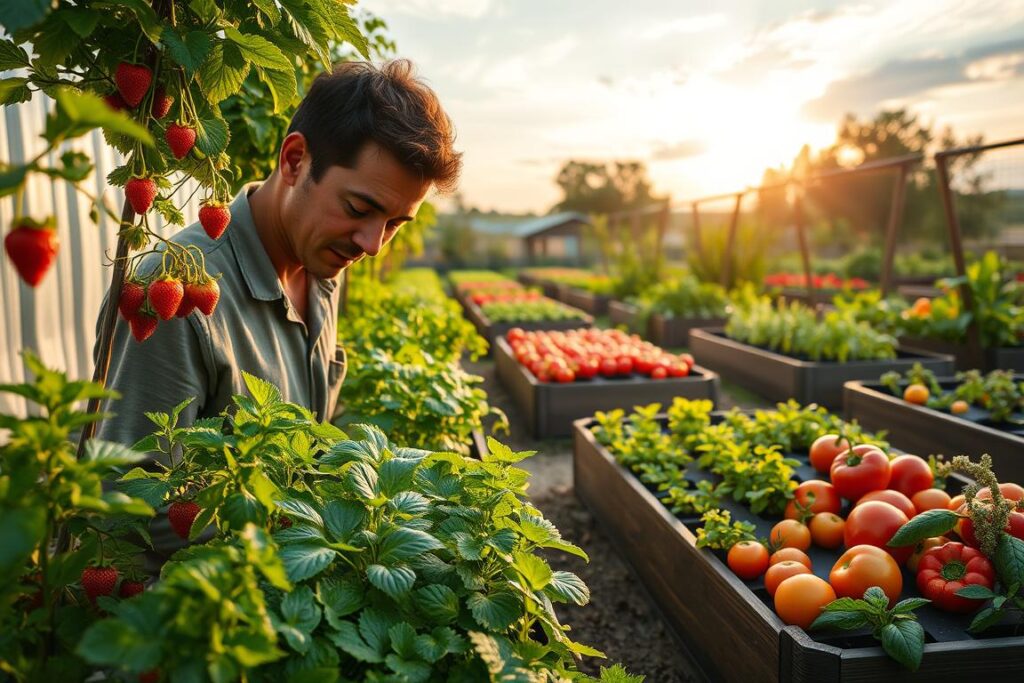 A vibrant scene of a small-scale farm showcasing various high-value crops suitable for limited spaces. In the foreground, a farmer in modest casual attire is surrounded by lush plants like strawberries, herbs, and microgreens, carefully inspecting their growth. In the middle ground, raised garden beds neatly arranged display a variety of colorful vegetables such as peppers and tomatoes, symbolizing diversity and abundance. The background features a picturesque sky with soft sunlight filtering through, casting warm tones across the scene, enhancing the organic feel. The composition captures a balance between productivity and natural beauty, evoking a sense of hope and innovation in sustainable small farming. The angle is slightly elevated, offering an expansive view of this thriving agricultural setup.
