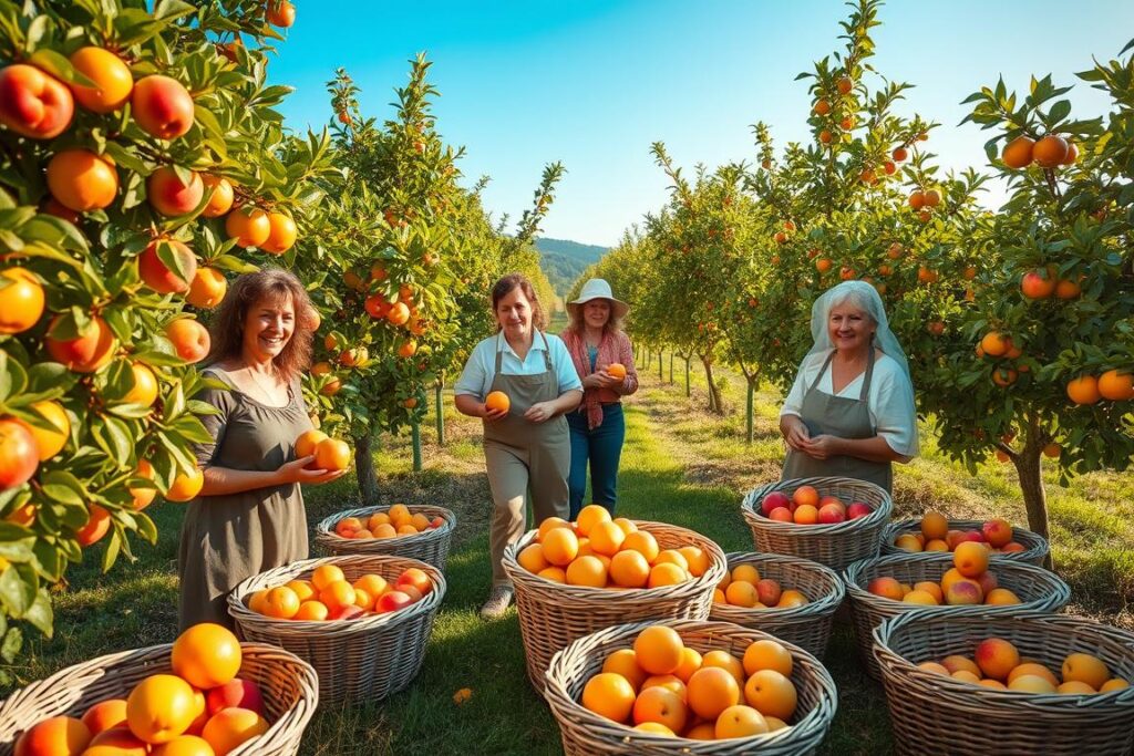 A vibrant scene of fruit harvesting in a lush, mixed orchard. In the foreground, a diverse group of farmers, dressed in modest casual clothing, are gently picking ripe fruits such as apples, peaches, and oranges from trees bursting with colorful produce. They are smiling and engaged in the joyful act of harvest. In the middle ground, baskets filled with freshly collected fruits are arranged carefully, showcasing their bright colors and textures. The background features rows of healthy fruit trees under a clear blue sky, with soft sunlight filtering through the leaves, creating a warm, inviting atmosphere. The image captures the essence of quality post-harvest care, emphasizing freshness and abundance, with a slight focus on the natural beauty of the orchard setting.