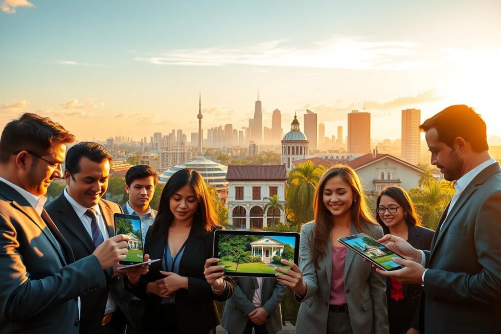 A vibrant scene showcasing Brazilian properties depicted as tokenized assets. In the foreground, diverse professionals in business attire are reviewing digital devices displaying blockchain interfaces and NFT visuals. In the middle ground, elegant properties typical of Brazil, such as colorful colonial houses and lush tropical landscapes, are presented as digital tokens. The background features a skyline of a modern Brazilian city under a bright sky at golden hour, casting warm light over the scene. The atmosphere is optimistic and innovative, emphasizing the fusion of real estate and technology. Use a wide-angle lens to capture the expansive view, highlighting the unique architecture and the integration of digital elements without any text or overlays.