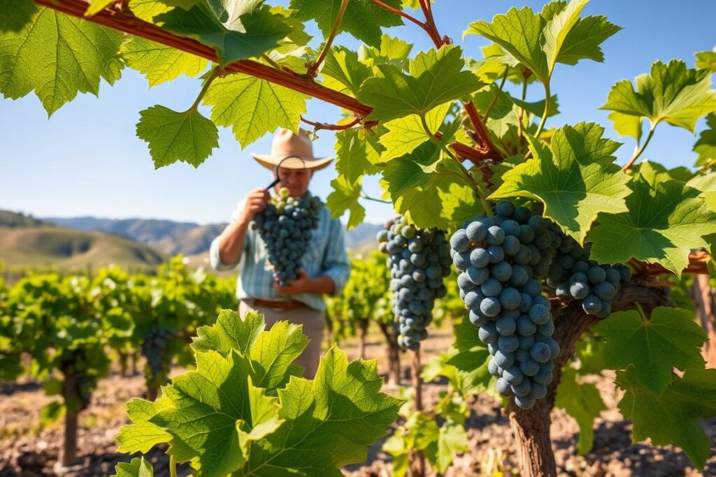 A vibrant, sunlit vineyard scene depicting organic strategies against powdery mildew in table grapes. In the foreground, healthy grapevines with glossy green leaves and clusters of ripe grapes, showing signs of organic treatments like neem oil spray and diatomaceous earth application. In the middle ground, a knowledgeable farmer in modest casual clothing, carefully inspecting the vines with a magnifying glass, emphasizing the importance of monitoring for oídio. The background features rolling hills and a clear blue sky, contributing to a serene and productive atmosphere. Soft, natural lighting enhances the lush greenery of the vineyard, creating a hopeful and thriving mood. The composition focuses on nurturing the grapes' health while emphasizing organic farming practices.