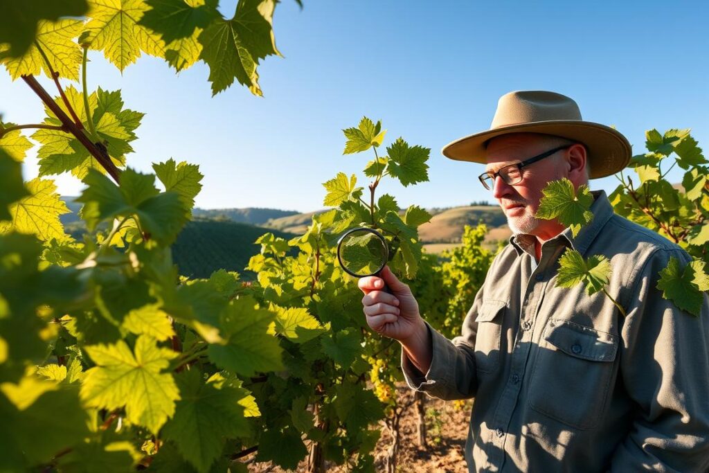 A vineyard scene emphasizing the monitoring of powdery mildew (oídio) on table grapes. In the foreground, a farmer in modest casual clothing examines grape leaves for signs of disease, using a magnifying glass. The middle ground features lush grapevines, some leaves showing subtle signs of powdery mildew, while others appear healthy and vibrant. The background shows rolling hills of vineyards under a clear blue sky, with soft, warm sunlight illuminating the scene. A gentle breeze rustles the leaves, creating a serene atmosphere. The focus is on the farmer's attentive expression and the detailed textures of the leaves. Use a slightly elevated angle to capture both the farmer and the vineyard, highlighting the importance of monitoring and early detection in agriculture.