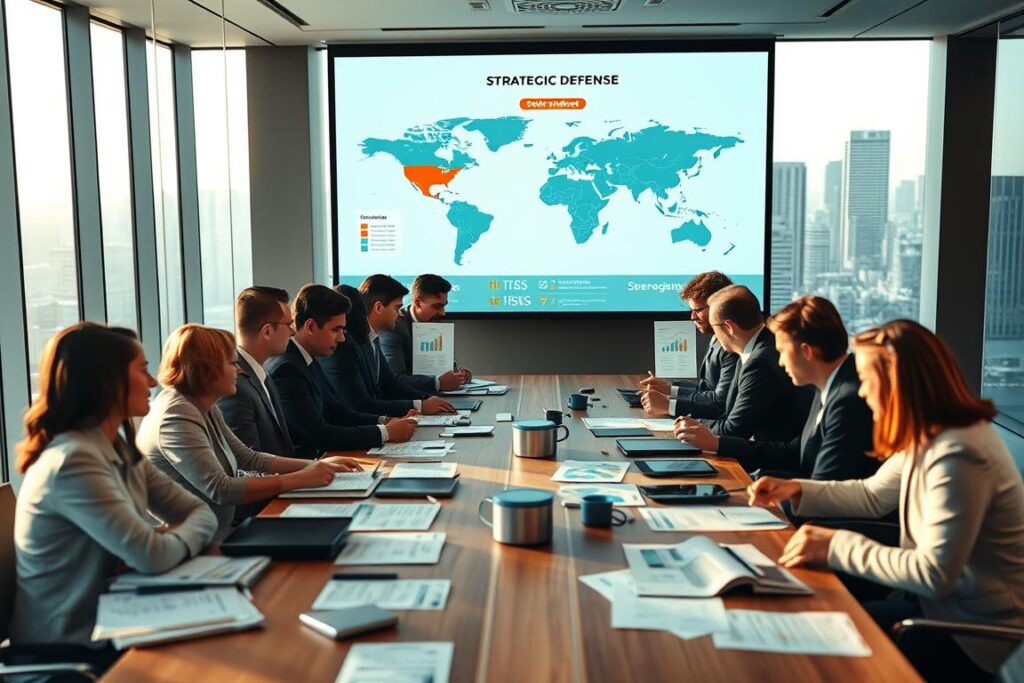 A visually compelling representation of a strategic defense meeting in a modern conference room. In the foreground, a diverse group of professionals in business attire collaborates around a large table strewn with documents, charts, and electronic devices. In the middle, a large projection screen displays a strategic map featuring global market insights and potential risks. The background showcases large windows with a city skyline, letting in soft, natural light that casts a warm glow over the scene. The mood is serious yet collaborative, suggesting a focus on strategic planning and internationalization. A lens with a slight depth of field emphasizes the details of the table while keeping the background subtly blurred, enhancing the professional atmosphere of the setting.