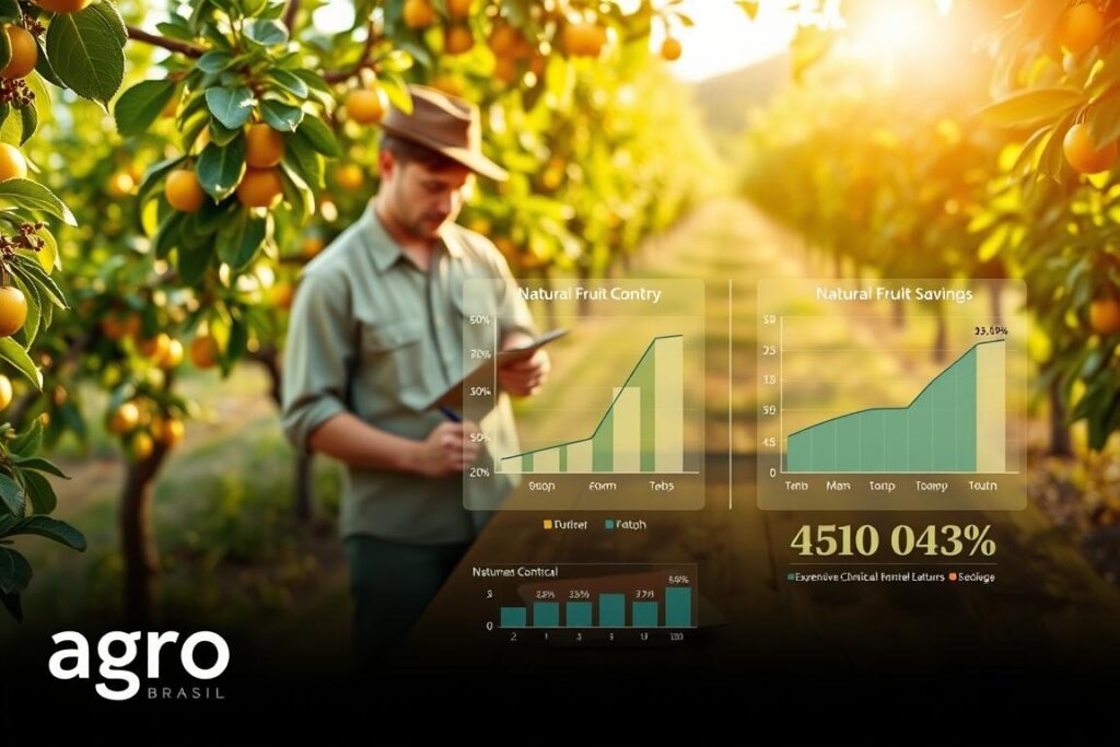 A visually engaging representation of a cost-benefit analysis related to controlling fruit flies in an orchard. In the foreground, a professional agronomist in modest casual clothing inspects a healthy fruit tree, jotting notes on a clipboard. The middle ground includes detailed charts and graphs illustrating the cost savings of natural pest control methods versus expensive chemical treatments, all designed on a rustic wooden table. The background shows a lush orchard bathed in warm, natural sunlight, emphasizing health and sustainability. The scene conveys a sense of opportunity and long-term economic benefit, with a tranquil and hopeful mood. Ensure clarity in the presentation of data and vibrant colors in the fruit and foliage. The brand 