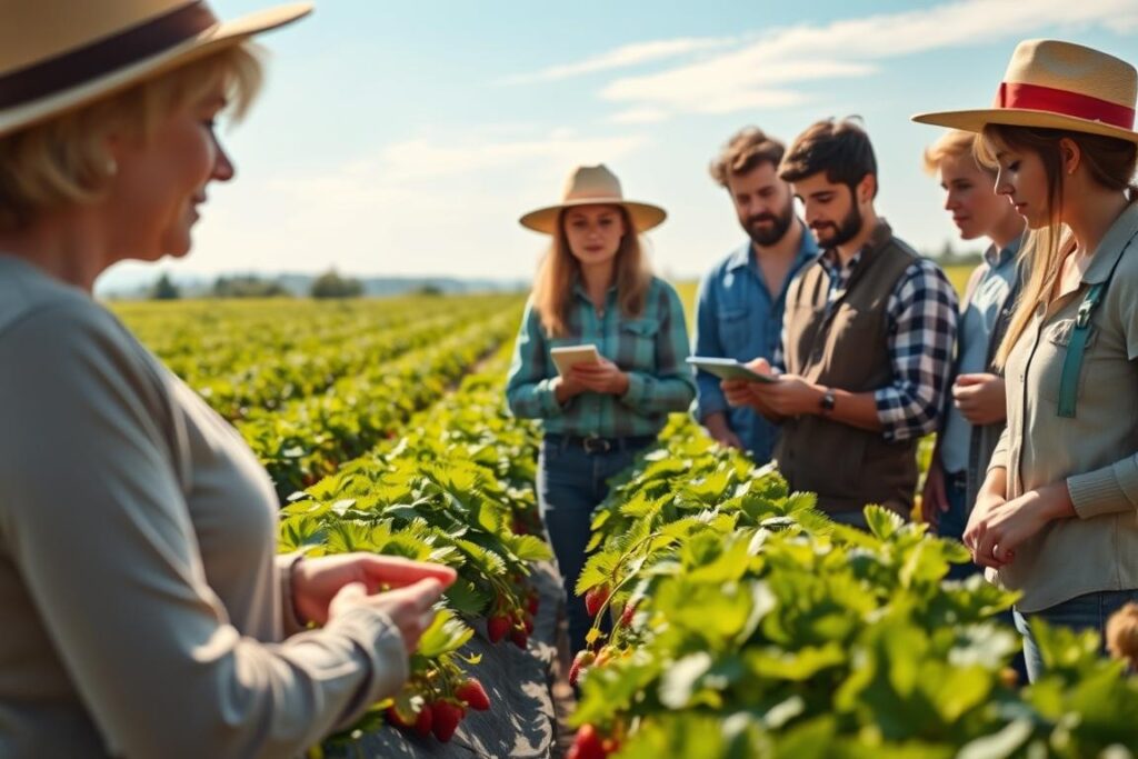 A warm, inviting scene depicting a diverse group of farmers gathered in a lush strawberry field, engaged in a collaborative discussion about sustainable practices. The foreground features a middle-aged woman demonstrating techniques for preventing mold on strawberries, dressed in professional, modest clothing. In the middle ground, young farmers listen intently, taking notes and providing feedback, surrounded by vibrant rows of healthy strawberry plants. The background shows a clear blue sky with soft, golden sunlight filtering through, creating a hopeful and nurturing atmosphere. The focus is sharp on the group, while the strawberries and surrounding greenery blur slightly, enhancing the sense of community and knowledge-sharing. The overall mood is inspiring and cooperative.