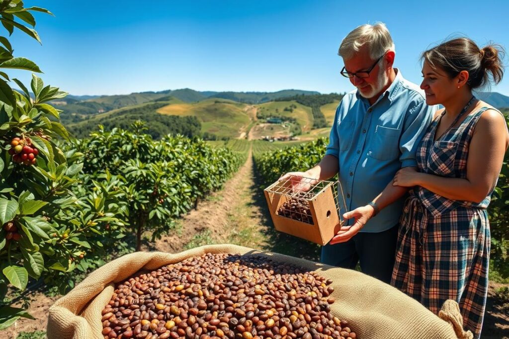 A well-lit, vibrant scene of a family in a coffee-growing region engaged in post-harvest coffee management. In the foreground, a father and mother, dressed in modest casual clothing, are carefully examining coffee beans spread out on a large burlap sack, discussing pest prevention strategies. The father holds a simple homemade trap designed for coffee borer beetles. In the middle ground, rows of lush green coffee plants are visible, with a few coffee cherries still hanging on the branches. In the background, rolling hills and a bright blue sky create a serene landscape. Soft, natural sunlight illuminates the scene, casting gentle shadows. The mood is focused and positive, conveying a sense of community and responsibility towards sustainable coffee farming.