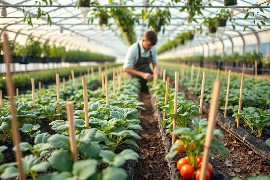 A well-maintained nursery showcasing integrated practices to prevent plant topple. In the foreground, a diverse array of vibrant, healthy vegetable seedlings, supported by wooden stakes and protective nets. The middle ground features a knowledgeable gardener, dressed in professional attire, gently inspecting the plants, demonstrating careful handling techniques. The background displays neatly arranged rows of seedlings under a greenhouse with soft, diffused sunlight filtering through, creating a warm and inviting atmosphere. Focus on the textures of the plants and the gardener’s concentration. The scene captures the essence of sustainable gardening practices, emphasizing organization and care in plant management.