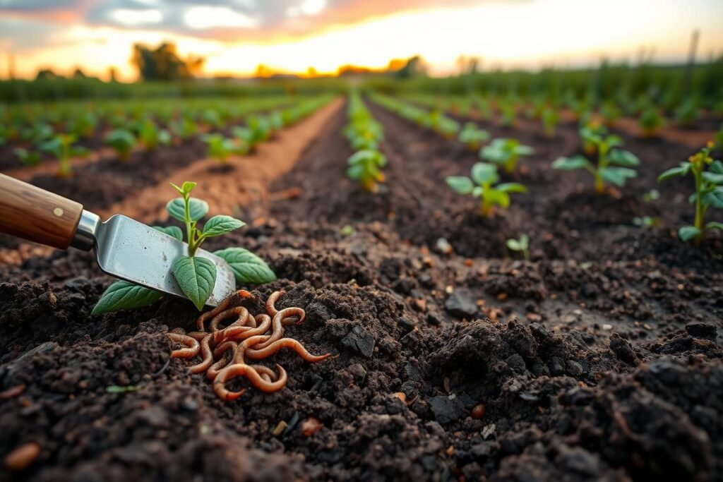 A well-tended vegetable garden showcasing soil preparation techniques to combat nematodes. In the foreground, rich, dark soil is being worked with a hand trowel, showcasing earthworms and natural compost. The middle ground features rows of young vegetable plants, like tomatoes and peppers, with mulch applied around them for protection. In the background, a colorful sky indicates either dawn or dusk, creating a warm, inviting atmosphere. Soft, natural lighting highlights the textures of the soil and plants. The angle is slightly elevated to provide a comprehensive view of the garden layout, emphasizing the importance of soil health in pest management. The mood is one of tranquility and hope, reflecting the promise of a thriving garden.