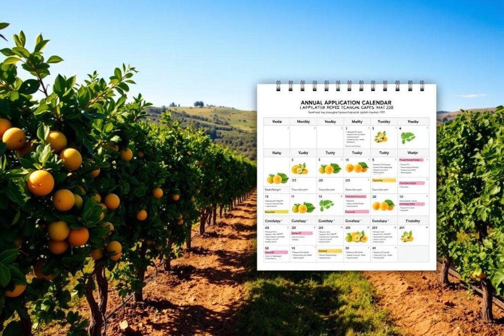 An annual application calendar for citrus and grape cultivation, prominently displayed. In the foreground, a detailed, organized chart highlighting specific months and application timelines for Bordeaux mixture, with vivid illustrations of citrus trees and grapevines in healthy, vibrant condition. In the middle, a lush farm landscape illustrating rows of citrus plants and grapevines under clear blue skies, showcasing an idyllic agricultural setting. In the background, distant rolling hills with patches of trees provide depth, all bathed in warm, natural lighting suggesting a pleasant day. The atmosphere should evoke professionalism and clarity, making the calendar easily comprehensible for agricultural use without the inclusion of any text or overlays.