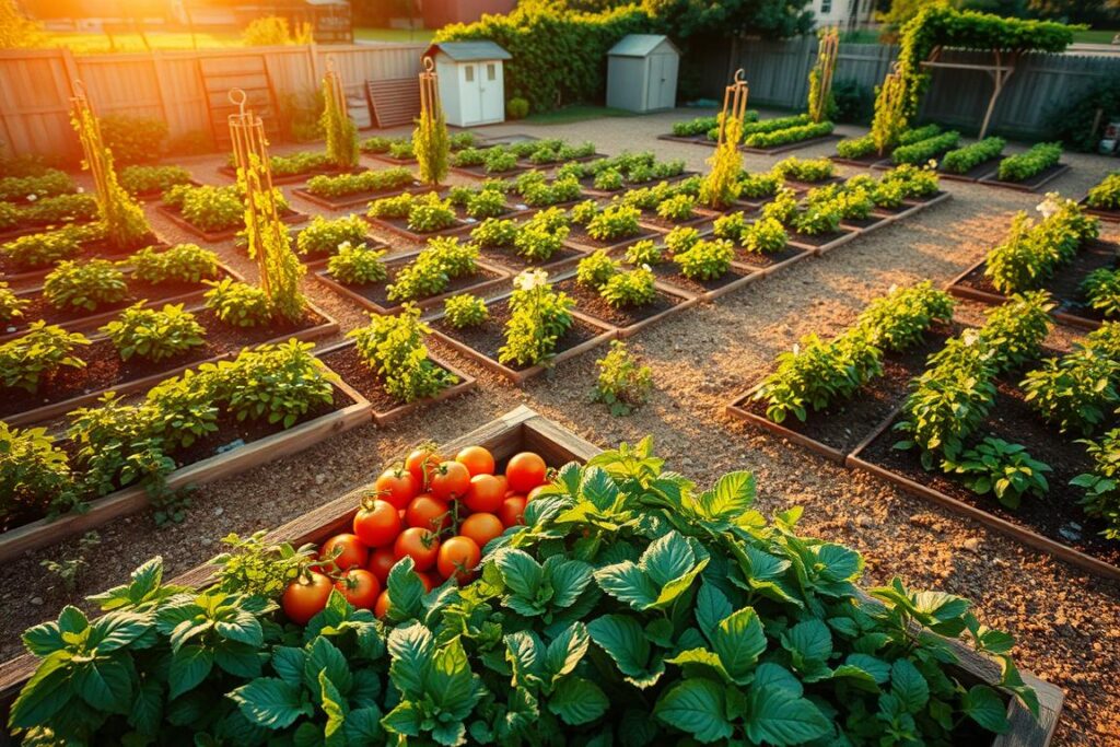 A beautifully organized garden layout for food production, showcasing a variety of crops such as vegetables, fruits, and herbs. In the foreground, a raised vegetable bed filled with vibrant tomatoes, lettuce, and carrots is visible, surrounded by lush green plants. In the middle ground, a well-manicured plot features rows of fruit trees, with a few flowering plants attracting pollinators. In the background, a modest backyard with a small shed and trellis adds depth to the scene. The lighting is warm and golden, suggesting early evening, creating a peaceful and inviting atmosphere. An aerial view captures the entire spatial planning, emphasizing efficiency and resourcefulness in food growing. The image should feel like a serene oasis of sustainability and self-sufficiency.