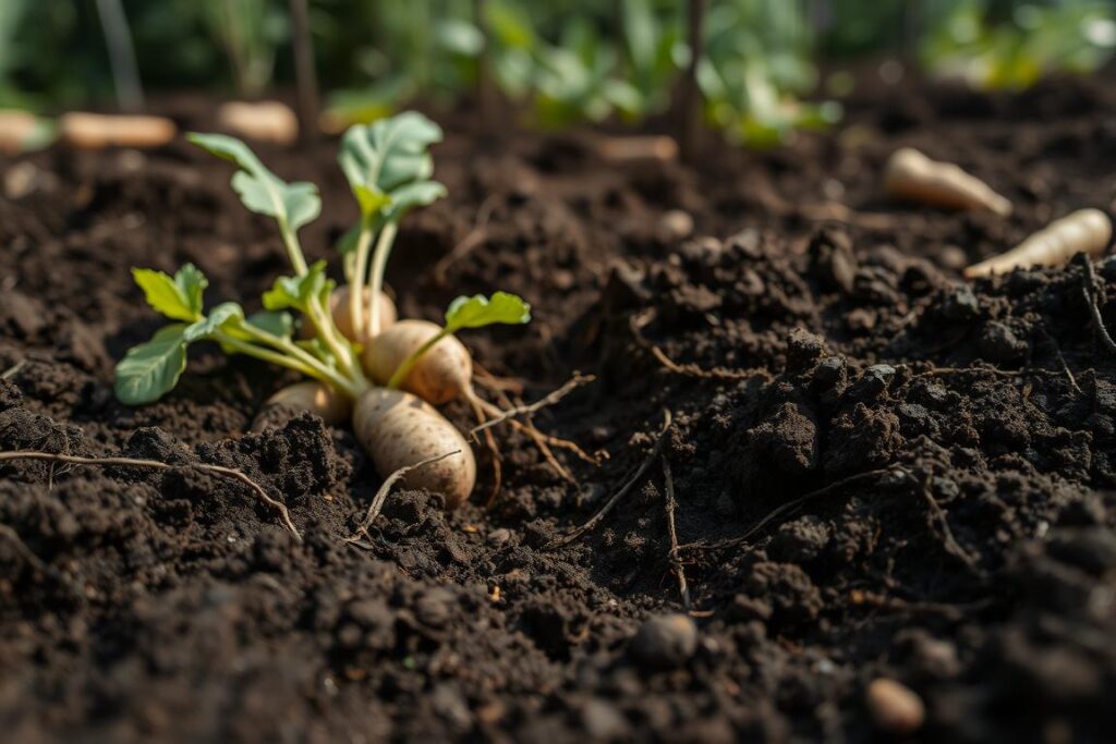A close-up view of underground crops, highlighting roots and tubers like potatoes, carrots, and sweet potatoes nestled within rich, dark soil. The foreground features detailed textures of the soil, revealing the intricate network of roots. In the middle ground, some leafy greens peek through the earth, suggesting vitality and growth. The background shows a subtle hint of a garden setting, with soft, diffused daylight filtering in, enhancing the earthy tones and creating a serene atmosphere. The composition is shot at a slight angle, providing depth and inviting the viewer to explore the hidden world beneath the surface. The mood is calm yet resilient, emphasizing self-sufficiency in challenging times.