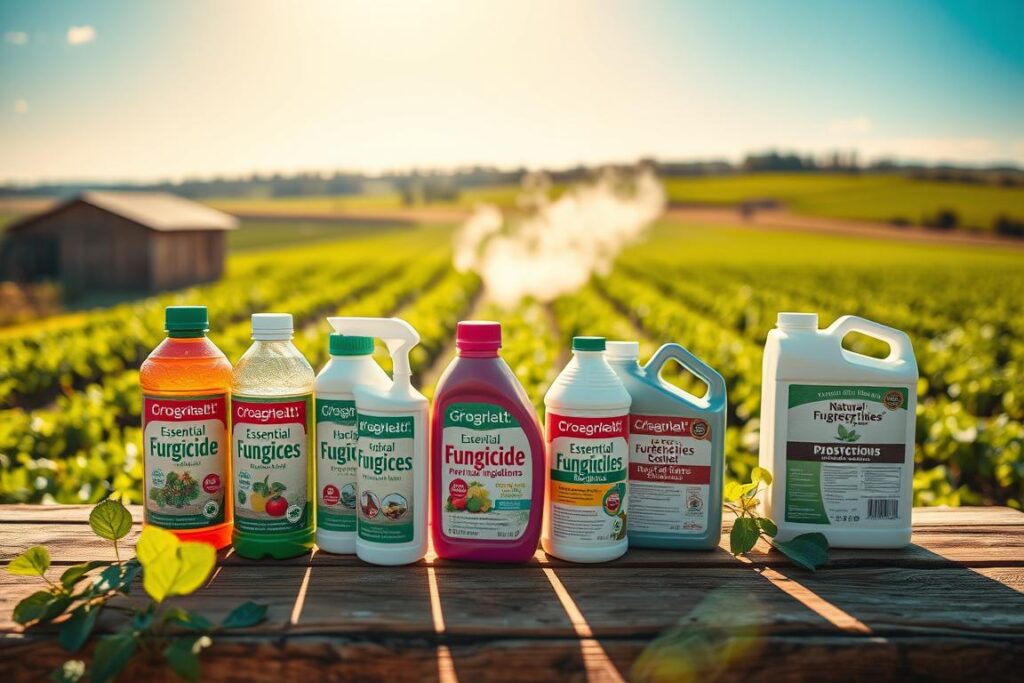A close-up view of various essential fungicides displayed atop a rustic wooden table in an agricultural setting. In the foreground, vibrant product bottles are neatly arranged, showcasing their labels with eco-friendly designs and natural ingredients. In the middle ground, a series of healthy green plants show signs of flourishing growth, while a gentle mist lingers, hinting at recent application. The background features a sunlit farm landscape, with fields stretching into the distance under a bright blue sky. The lighting is warm and inviting, casting soft shadows to create depth. The mood is one of hope and abundance, emphasizing the importance of fungicides for long-term crop protection. Use a 35mm lens for a slightly blurred background effect.