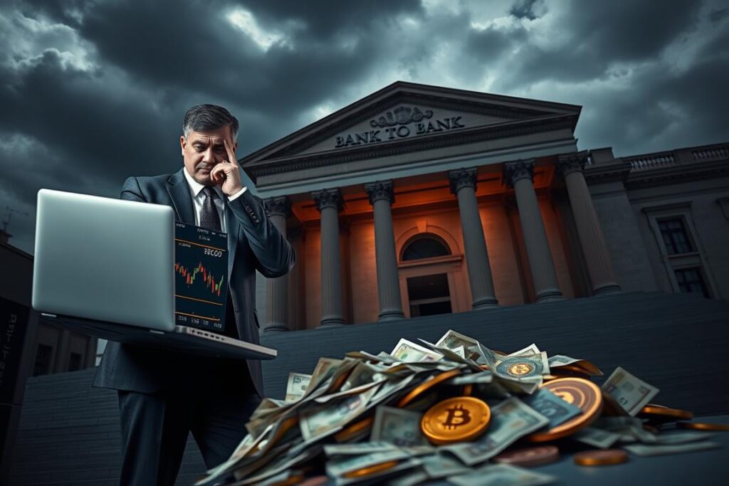 A conceptual image illustrating the challenges of cryptocurrency withdrawals amid bank restrictions. In the foreground, a worried business professional in a crisp suit stands next to a modern laptop displaying cryptocurrency exchange charts, with a tense and thoughtful expression. In the middle, a disheveled pile of bank notes and digital assets such as Bitcoin and Ethereum tokens are scattered, symbolizing the tension between traditional banking and modern currency. In the background, a bank building looms large, with imposing architecture and dark clouds overhead, hinting at uncertainty. The lighting is moody and dim, casting shadows that enhance the atmosphere of conflict between the financial systems. The angle should be slightly low, emphasizing both the person and the bank, creating a feeling of unease and urgency.