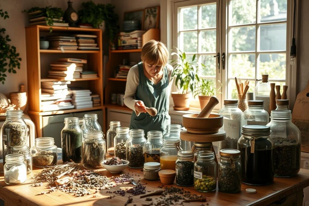 A cozy home workshop filled with natural ingredients and tools for creating homemade medicines. In the foreground, a wooden table cluttered with jars of herbs, dried flowers, and essential oils. A person in modest, casual clothing stands focused, carefully measuring ingredients with a mortar and pestle, surrounded by an inviting warm light filtering through a window. In the middle, a shelf stacked with books on herbal medicine, and various glass containers labeled with handwritten tags. The background features a potted plant and a large window showing a sunny garden, enhancing the serene atmosphere. The overall mood is one of tranquility, hope, and resourcefulness, encapsulating the essence of homemade remedies.
