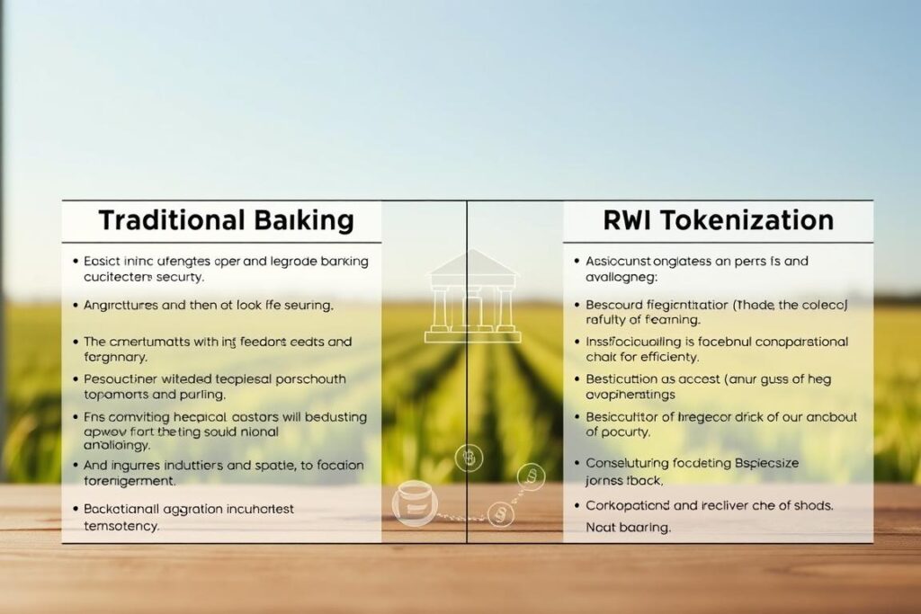 A detailed and informative comparative table illustrating the differences between traditional banking systems and Real World Asset (RWA) tokenization in agriculture. In the foreground, feature two columns labeled 