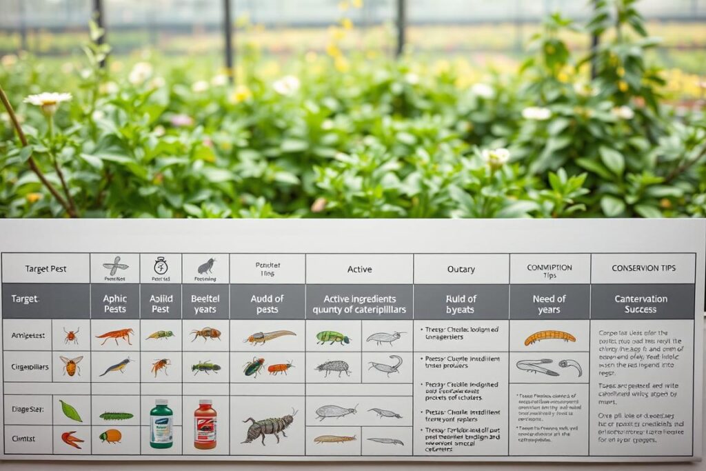 A detailed and informative image of a practical pest control table, neatly organized and visually appealing. The foreground includes labeled sections for various target pests, active ingredients, quantities needed for three years, and conservation tips. Each section is represented with icons or illustrations depicting common pests like aphids, beetles, and caterpillars alongside corresponding bottles or containers of solutions. In the middle ground, a subtle background of a serene garden showcases healthy plants, emphasizing pest control success. The lighting is soft and evenly distributed, creating a calm and educational atmosphere. The image is captured from a top-down angle for clarity, without any text or distractions, designed to serve as an effective visual tool for understanding pest management strategies.