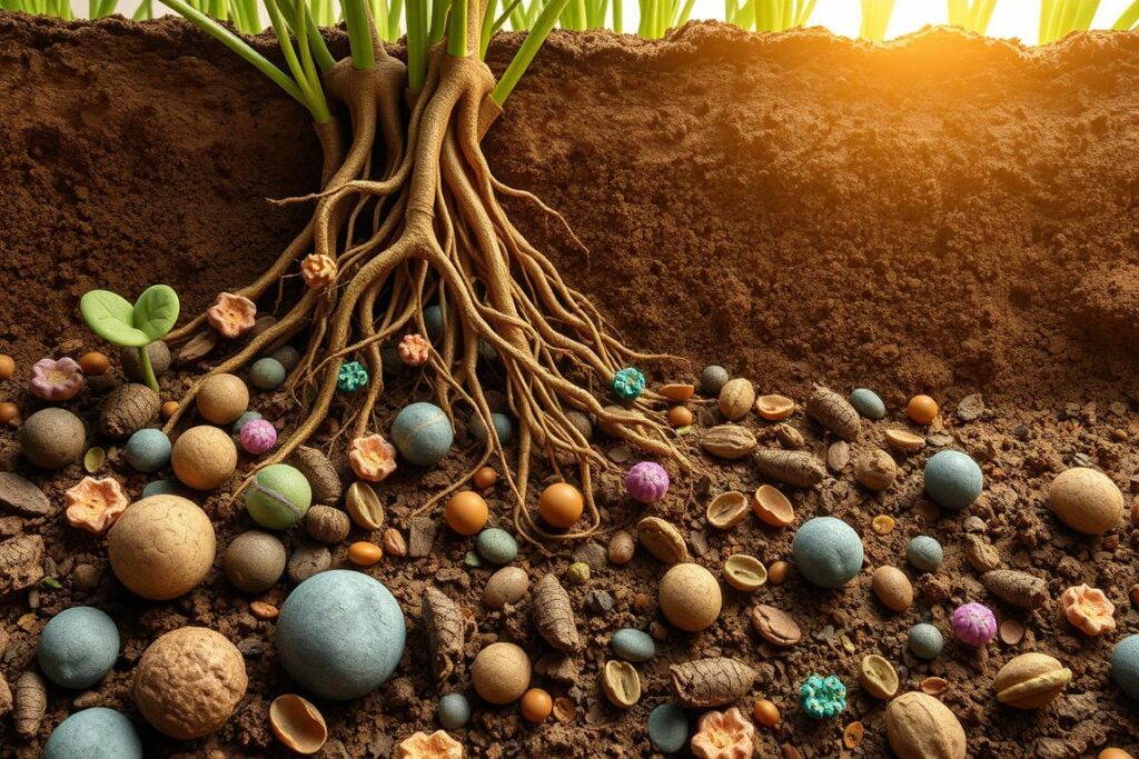 A detailed illustration of soil microbiology showcasing diverse microorganisms interacting in a vibrant ecosystem. In the foreground, there are various soil particles enriched with beneficial bacteria and fungi, depicted in realistic colors and textures. In the middle ground, a close-up of complex root systems entwined with microbial colonies, exhibiting dynamic relationships essential for soil health. In the background, depict rich, organic soil layered with different textures, hinting at nutrient-rich environments teeming with life. The lighting should be soft and natural, simulating sunlight filtering down through soil layers, highlighting the contours and details of the microorganisms. The atmosphere is one of vitality and harmony, emphasizing the interconnectedness of soil health and sustainable agriculture.