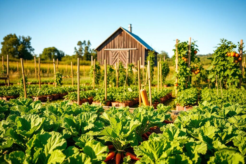 A lush, thriving small farm scene showcasing strategic food crops essential for food security. In the foreground, rows of vibrant green leafy vegetables like kale and spinach, interspersed with bright orange carrots and yellow squash. In the middle ground, a well-maintained garden with stakes supporting climbing beans and trellises for tomatoes, bathed in warm sunlight. A rustic wooden barn is visible in the background, surrounded by wildflowers and trees, under a clear blue sky. The atmosphere is peaceful yet resilient, hinting at self-sufficiency. The lighting is soft, creating a warm and inviting mood. The perspective is slightly elevated, capturing the expanse of the farm while focusing on the healthy crops, emphasizing the importance of cultivating these strategic staples for sustenance during difficult times.