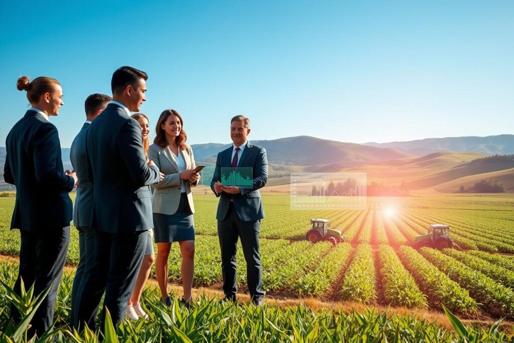 A modern agricultural landscape showcasing the concept of smart contracts in agribusiness. In the foreground, a diverse group of professionals in smart business attire discuss digital screens displaying blockchain technology and charts related to tokenized assets. In the middle ground, an advanced field with crops and high-tech farming equipment symbolizes innovation in agriculture. The background features a clear blue sky and rolling hills, creating a harmonious rural setting. Use soft, natural lighting to evoke positivity and progress. The composition should emphasize collaboration and technological advancement, including visual elements of digital currencies and contracts without any text or overlays.
