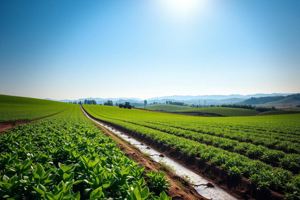 A picturesque farm landscape showcasing a gravity irrigation system. In the foreground, a gently sloping field with vibrant green crops nurtured by a network of open ditches and channels, clearly demonstrating the flow of water from a higher elevation. In the middle ground, traditional farming equipment sits idle, emphasizing the reduction of reliance on diesel machinery. The background features distant hills under a bright blue sky, with soft, diffused sunlight illuminating the scene, casting gentle shadows that enhance the tranquility. The overall mood is serene and sustainable, highlighting the harmony between nature and efficient agriculture. The image captures the essence of gravity irrigation in an inspiring manner, evoking a sense of innovation and environmental responsibility.