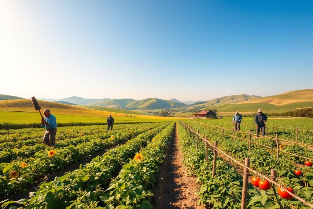 A picturesque scene of low-mechanization agriculture, set in a lush, green valley. In the foreground, farmers in professional casual clothing are engaged in manual labor, using hand tools like hoes and sickles, demonstrating community effort and collaboration. The middle ground features vibrant rows of crops, such as tomatoes and beans, interspersed with small patches of sunflowers and rustic wooden fences. In the background, gentle hills roll under a clear blue sky, with a soft, golden sunlight casting a warm glow over the landscape. The atmosphere is serene, reflecting sustainable farming practices that prioritize productivity without heavy machinery. Use a wide-angle lens to capture the expanse of the agricultural landscape, emphasizing the harmony between nature and traditional farming methods.