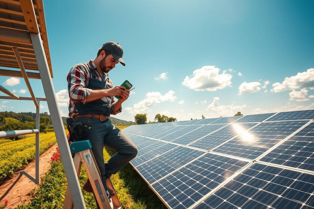 A professional technician conducting preventive maintenance on solar power systems in a serene off-grid farm setting. In the foreground, the technician, dressed in smart casual work attire, uses a multimeter to test solar panel outputs while perched on a sturdy ladder. The middle ground features a neat array of solar panels glistening under the sun, surrounded by lush green fields and blooming plants, showcasing the energy source in harmony with nature. In the background, a clear blue sky with a few fluffy clouds adds a touch of tranquility. The lighting is bright and warm, creating an inviting atmosphere. The angle captures the technician's concentration and showcases the well-kept solar installation as a symbol of sustainability.