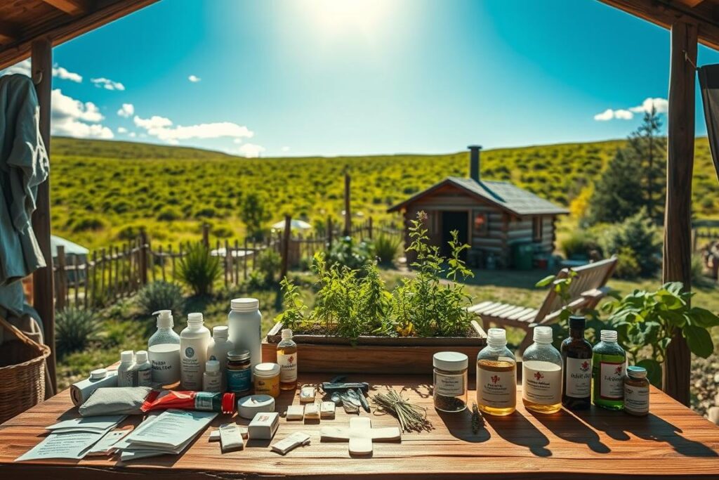 A serene and functional survival refuge environment, showcasing a well-organized first aid station in the foreground with a wooden table adorned with medical supplies such as bandages, antiseptics, and herbal remedies. In the middle, a small garden with medicinal plants flourishes, while a cozy seating area with a sunlit backdrop of a rustic cabin sets a welcoming atmosphere. The background features a lush, green landscape under a bright blue sky, with soft, natural lighting casting gentle shadows. The scene conveys a sense of safety and preparedness, illustrating the importance of health and first aid within a self-sufficient sanctuary. The image should be captured from a slightly elevated angle for depth and detail, emphasizing the harmonious connection between wellness and nature.