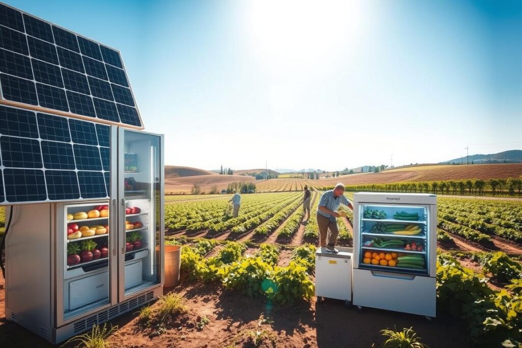 A serene farm setting showcasing sustainable food refrigeration and preservation methods powered by off-grid photovoltaic energy. In the foreground, a modern solar panel array gleams under bright daylight, casting a warm glow. Nearby, a high-tech refrigeration unit stands, prominently displaying fresh fruits and vegetables. The middle ground features organized rows of crops, with some farm workers dressed in modest casual attire, tending to the produce. In the background, a clear blue sky blends harmoniously with rolling hills, embodying a peaceful rural atmosphere. Soft, natural lighting enhances the vibrant colors of the food and greenery, reflecting a sustainable, eco-friendly lifestyle that aligns with modern agricultural practices.