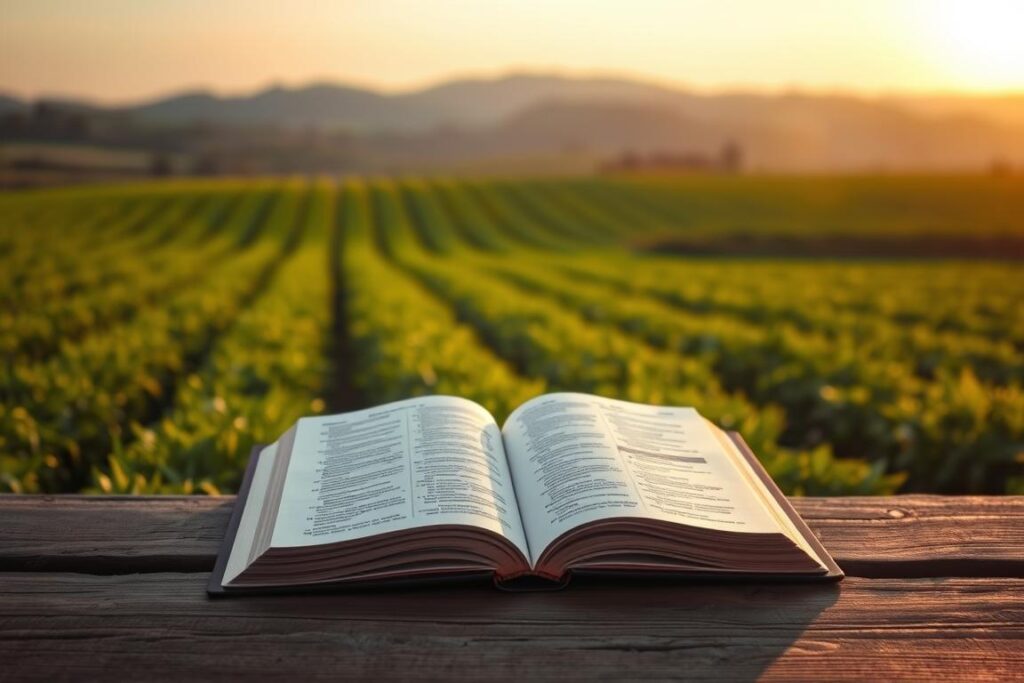 A serene farming landscape at sunrise, where the foreground features a beautifully open Bible resting on a rustic wooden table, its pages softly fluttering in a gentle breeze. In the mid-ground, lush green fields stretch out, dotted with crops ready for harvest, symbolizing growth and sustenance. In the background, a silhouette of hills under a soft pastel sky signifies hope and new beginnings. The lighting is warm and golden, casting long shadows that evoke a sense of peace and reflection. The overall atmosphere is tranquil and inspiring, encouraging the viewer to find courage and direction in faith while living off the land. No people or overt distractions present.