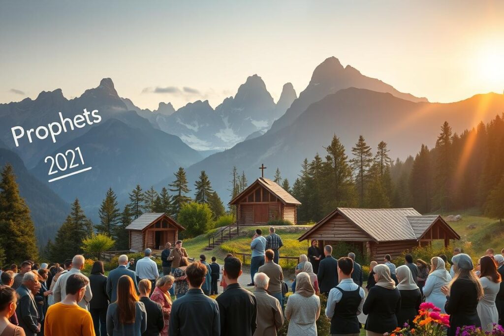 A serene mountain landscape symbolizing religious communities, with small, modest gathering spaces featuring diverse groups of individuals in professional business attire and modest casual clothing. In the foreground, a peaceful group of people engaged in prayer or meditation, reflecting unity and hope. The middle ground showcases rustic wooden structures, like a chapel or a communal hall, surrounded by lush greenery and vibrant flowers, illustrating a connection with nature. In the background, towering mountains rise under a soft, golden dawn light that casts gentle shadows, creating a tranquil and uplifting atmosphere. The overall scene conveys a sense of refuge and spiritual fulfillment, evoking themes of prophecy and the migration to rural sanctuaries.