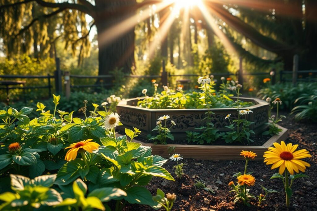 A serene, nurturing garden showcasing a diverse array of medicinal and nutritious plants, emphasizing spiritual sovereignty and physical well-being. In the foreground, lush green herbs like basil, mint, and chamomile flourish, with vibrant flowers like echinacea and calendula interspersed. The middle ground features an ornate wooden garden bed surrounded by soil rich with nutrients, symbolizing growth and resilience. In the background, warm sunlight filters through towering trees, creating a peaceful and uplifting atmosphere. Soft shadows dance across the scene, enhancing the tranquility. The overall mood is one of harmony, balance, and connection to nature, evoking a sense of true health and independence. The angle is slightly elevated, capturing the fullness of the garden in a gentle, inviting perspective.
