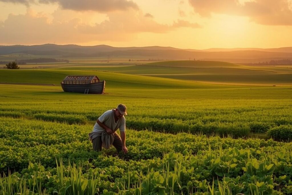 A serene rural landscape depicting the legend of Noah’s commandment, with an expansive green field under a soft, golden dawn light. In the foreground, a farmer in modest casual attire is tending to a small vegetable garden, symbolizing preparation and faith in the midst of uncertainty. The middle ground features a wooden ark partially constructed, representing the importance of technical preparedness. In the background, distant rolling hills and a vibrant rainbow arch across the sky, reflecting hope. The atmosphere is peaceful and reflective, with soft shadows and a gentle breeze creating a sense of calm purpose. The image captures a moment of daily diligence, embodying the essence of nurturing life and faith in agricultural practice.