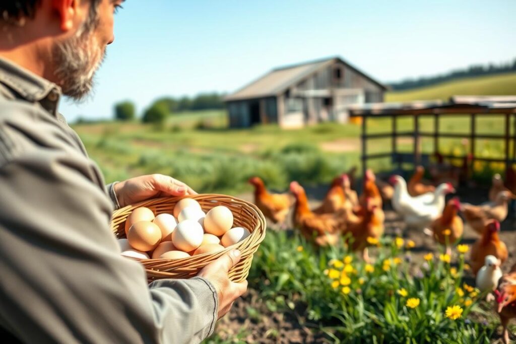 A serene rural landscape featuring a well-organized poultry farm, emphasizing the management of eggs. In the foreground, a farmer, dressed in modest casual clothing, inspects a basket filled with fresh eggs, showcasing good practices of egg collection. The middle ground features several healthy hens in a spacious, clean coop, surrounded by green grass and bright wildflowers. In the background, an old barn stands under a clear blue sky, suggesting a stable atmosphere amidst potential crises. Soft, natural lighting highlights the scene, creating a warm and optimistic mood. The angle is slightly elevated, providing a comprehensive view of the farm's layout while focusing on the importance of animal husbandry in challenging times.