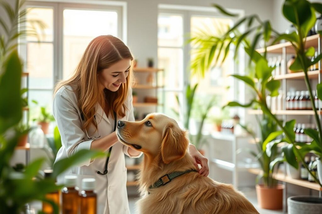 A serene veterinary clinic setting fusing nature and homeopathy principles. In the foreground, a compassionate veterinarian gently examines a golden retriever, surrounded by herbal remedies and essential oils. The middle ground features shelves filled with plants and holistic animal care products, including homeopathic vials. The background showcases large windows letting in warm, natural light, framed by lush green plants symbolizing therapy and healing. The atmosphere evokes calm and healing, with soft colors like greens and browns inviting tranquility and wellness. Emphasize a gentle, caring ambiance, with a focus on the bond between the vet and the animal, highlighting alternative therapies for animals. Use a soft focus lens to create an inviting, warm atmosphere.